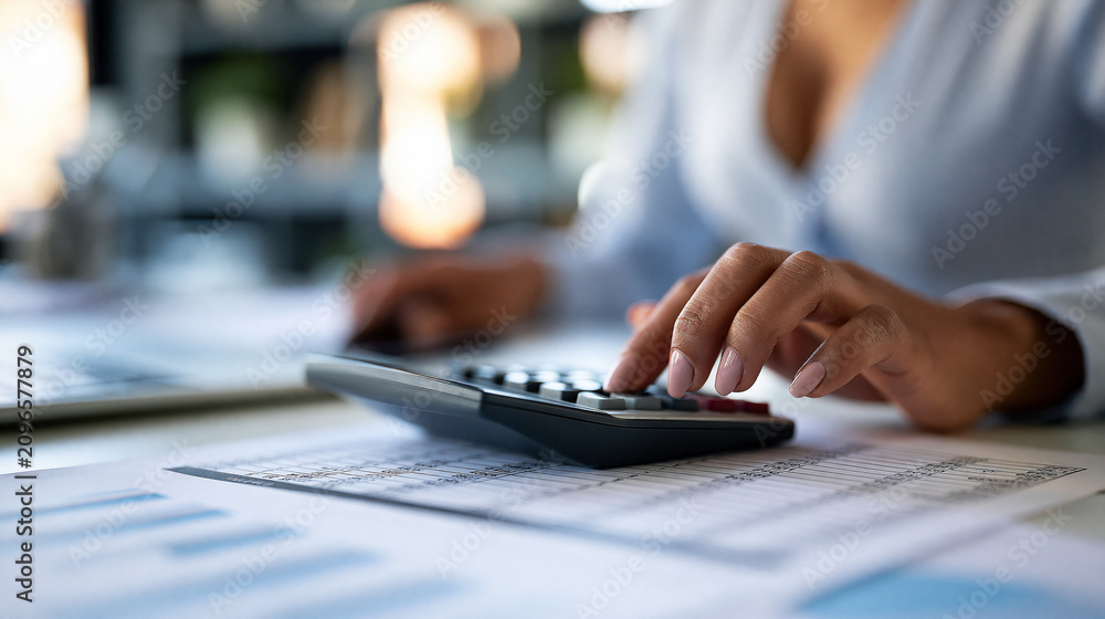 Obraz premium Faceless accountant using a calculator and reviewing printed financial statements in a professional office, tax season accounting service, defocused office in background, tax
