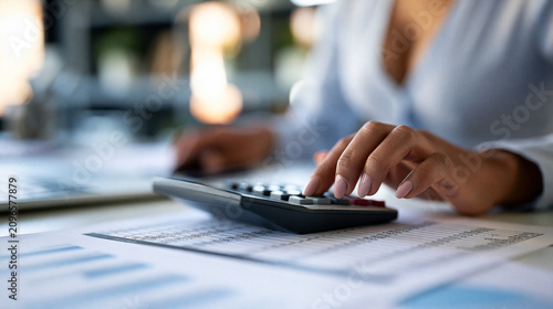 Faceless accountant using a calculator and reviewing printed financial statements in a professional office, tax season accounting service, defocused office in background, tax