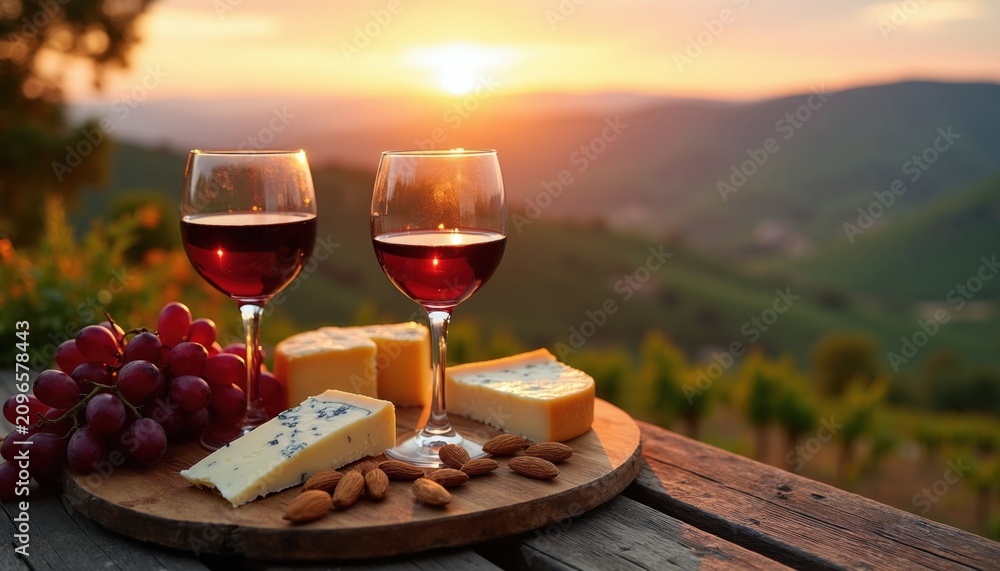 Obraz premium Two crystal glasses filled with red wine sit on wooden board with cheese, grapes. Scenic mountain valley landscape appears in background during golden sunset hour. Rustic terrace picnic setting