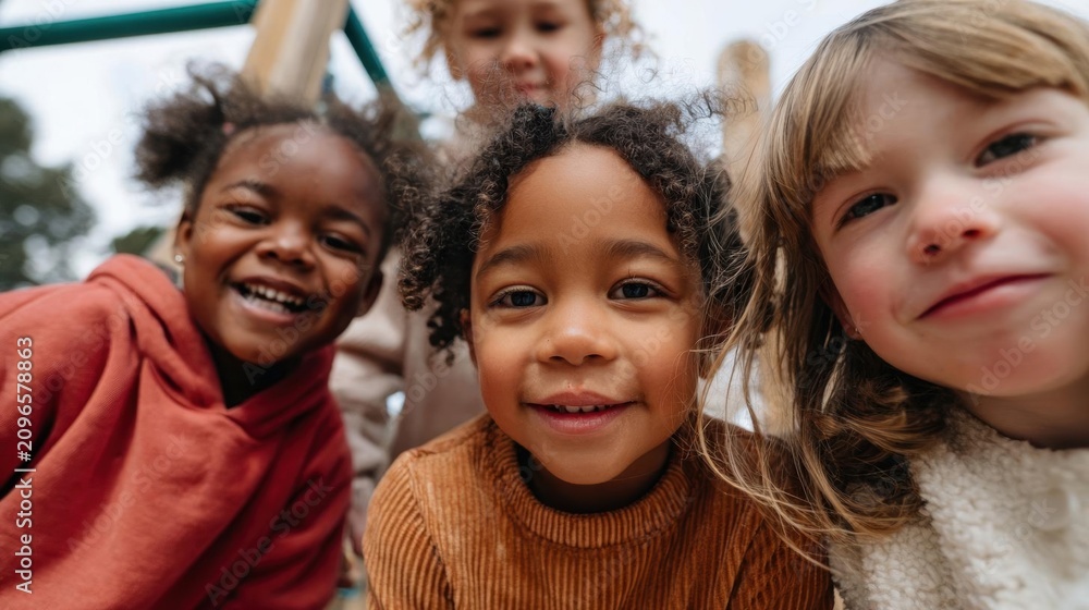 Fototapeta premium Three young children, two girls and a boy, standing close together and smiling at the camera. they appear to be outdoors, as there is a playground equipment visible in the background.