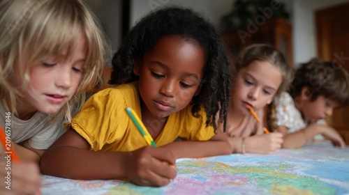 Group of four young children, two girls and two boys, sitting at a table and drawing on a map. the girl in the center is wearing a yellow t-shirt and has curly hair.