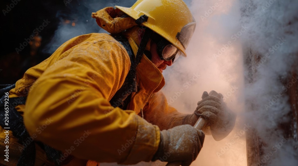 Fototapeta premium Firefighter in full gear, wearing a yellow hard hat and a yellow jacket. he is holding a hammer and appears to be working on a fire, as there is smoke and flames visible in the background.