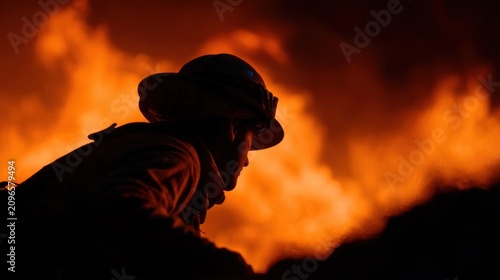 Silhouette of a firefighter wearing a hard hat and protective gear, standing in front of a raging fire. the firefighter is facing away from the camera, with his back towards the viewer.