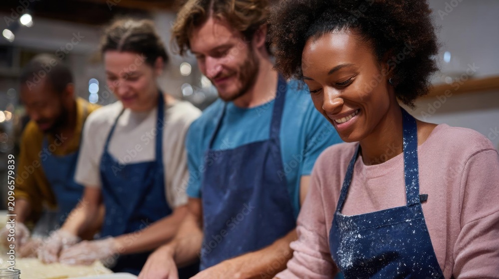 Fototapeta premium Group of four people in a kitchen, all wearing blue aprons. they are gathered around a table, working together on a project.