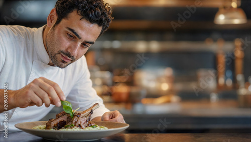 Close-up of Turkish-American chef serving fusion dish of roast lamb basil-mint yogurt sauce, garnished fresh basil leaf, copy space text trend of using natural, plant-based ingredients in dishes