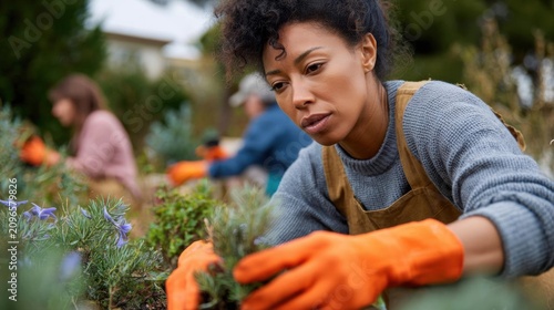 Young woman working in a garden. she is wearing a grey sweater and orange gardening gloves and is tending to a small plant with purple flowers.