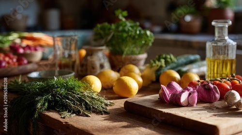 Wooden table with a variety of fresh vegetables and fruits on it. on the right side of the table, there is a wooden cutting board with a bunch of red onions, garlic, and a bottle of olive oil.