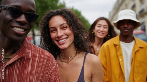 Group of four young people walking on a street. on the left side of the image, there is a young african-american man wearing a red and white patterned shirt and sunglasses.
