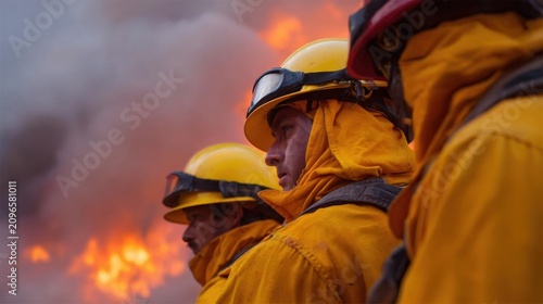 Three firefighters wearing yellow hard hats and protective gear, standing in front of a raging fire. the firefighters are facing away from the camera, with their backs to the camera.
