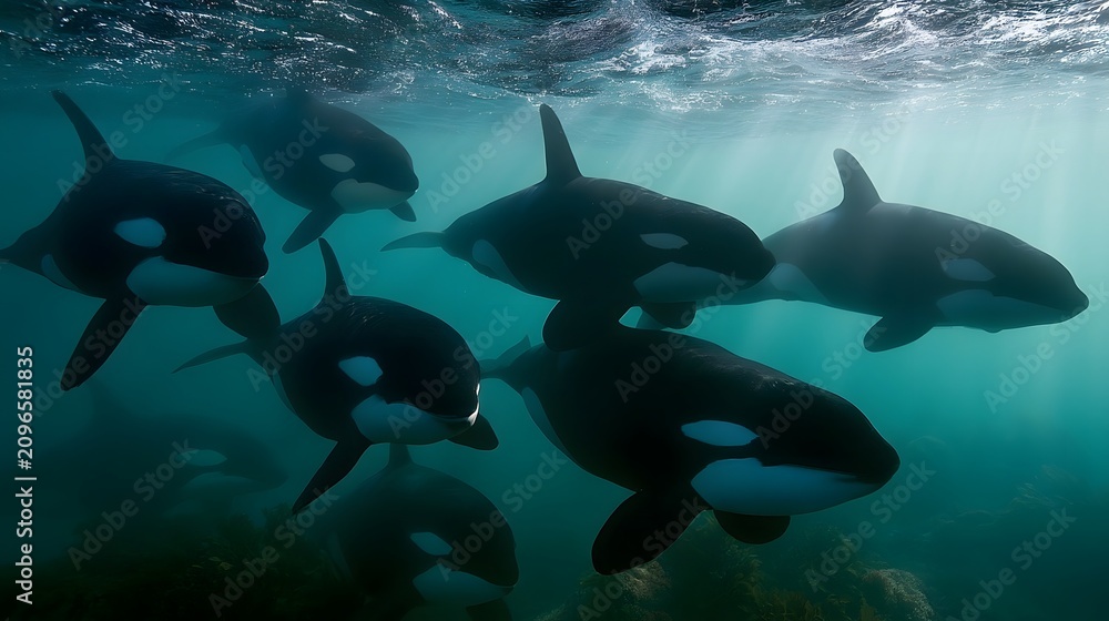 Obraz premium A group of orcas swims together underwater in clear blue green water with sunlight filtering from above
