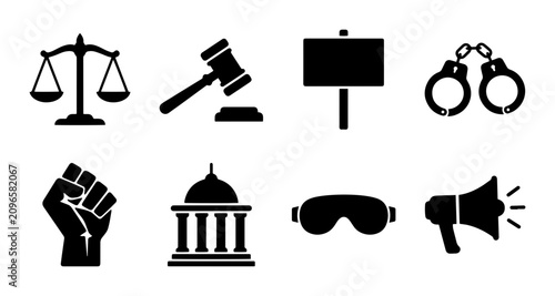 Justice and Law Icons Set: Scales, Gavel, Courthouse, Handcuffs, Fist, Megaphone, Protest Sign