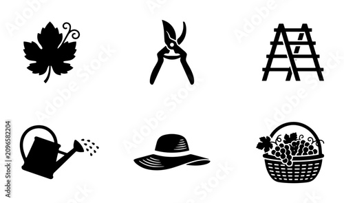фотографія Gardening Icons Set: Grape Leaf, Pruners, Ladder, Watering Can, Sun Hat, Harvest