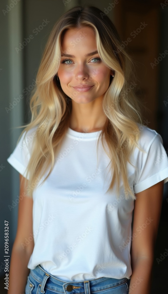 Fototapeta premium Young woman wears plain white t-shirt and blue jeans. She smiles gently. Blond hair frames her face. Natural makeup accentuates her features. Casual style, light studio background.