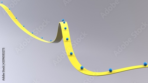Abstract flowing yellow ribbon with blue balls on it - minimalistic abstract background