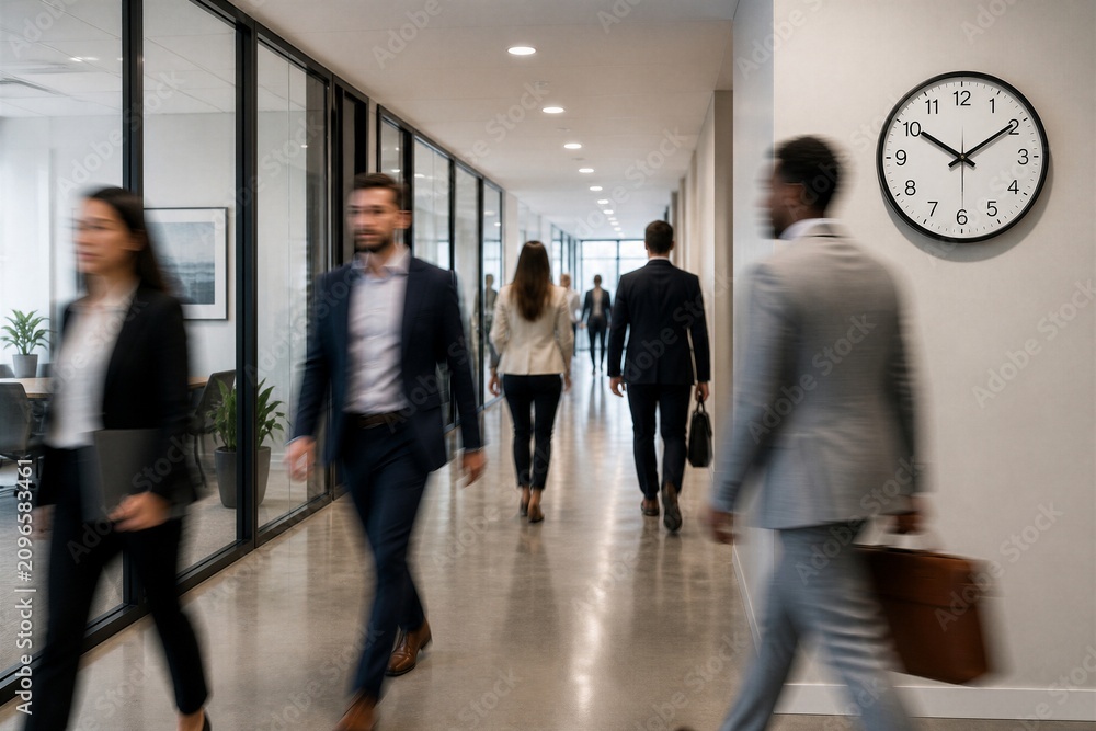 Fototapeta premium Business people walking through modern office corridor during commute