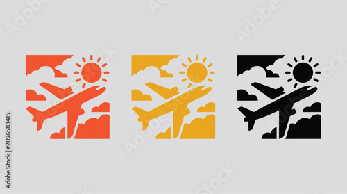 Airplane Silhouette Flying Sun Travel Icon Tourism Airline Branding UI Graphic Minimalist Flight Logo