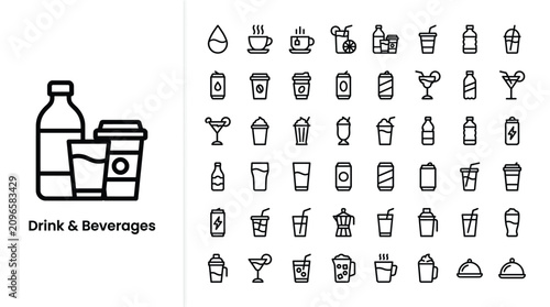 Foto Set of drink and beverage icons, thin line style, vector illustration