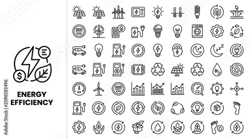 Set of energy efficiency icons, thin line style, ecofriendly technology, sustainability