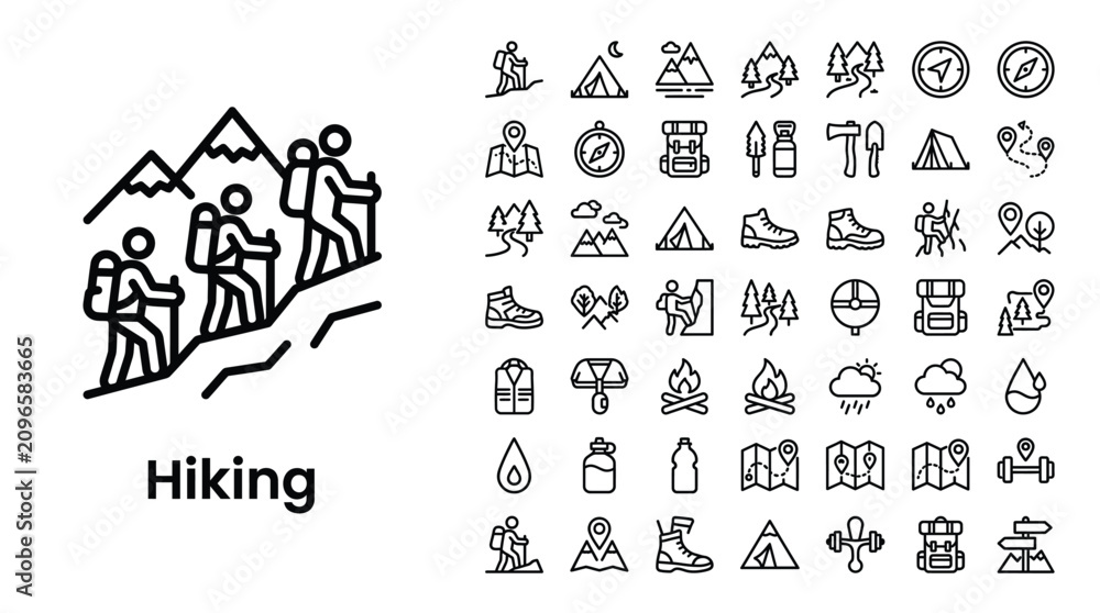 Fototapeta premium Hiking and camping vector icon set, outdoor adventure and travel symbols