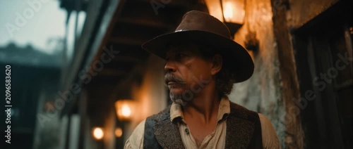 Man stands outside a building in a western setting at night with lights illuminating the area while looking serious and focused