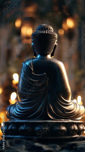 Calm moments in front of a bronze Buddha statue surrounded by soft light and gentle sparks in an outdoor setting during the evening time