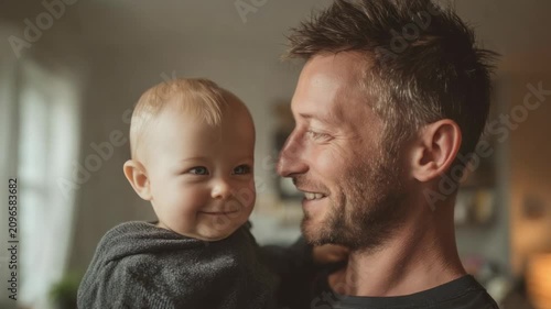 Father holds his smiling baby in a cozy indoor setting during the late afternoon