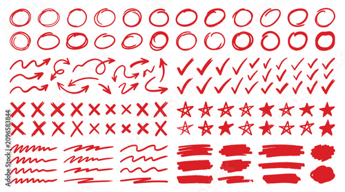 Red Sketch Symbols Set Hand Drawn Marker Circles Arrows Checkmarks Vector UI Highlight Elements