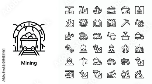 Cuadro en lienzo Set of mining icons, including equipment, machinery, minerals, and workers
