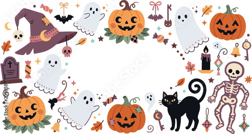 Festive halloween background frame featuring cute pumpkins ghosts black cats a skeleton and witch hat elements for seasonal holiday designs