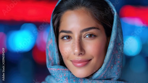 Smiling woman in a blue scarf with colorful lights in the background during an evening event in a busy city