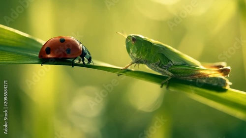 Ladybug and grasshopper interact on a green blade of grass in a natural setting during the warm afternoon