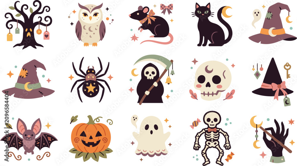 Fototapeta premium Set of cute halloween icons featuring spooky characters like ghosts pumpkins skeletons cats and witches hats for festive holiday design projects