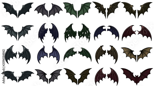 Konstfotografi A collection of various colorful bat wings are displayed on a white background