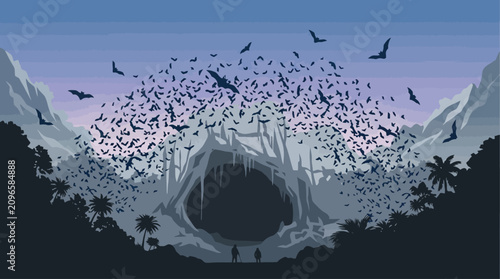 A large flock of birds fly out of a massive cave surrounded by mountains and trees at sunset.