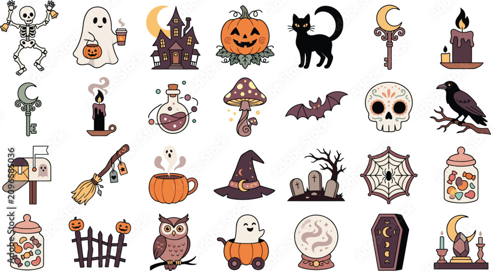 Obraz premium Set of various hand drawn halloween stickers featuring ghosts pumpkins skeletons cats bats skulls and other spooky holiday themed icons