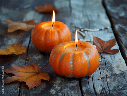 ろうそくを灯したハロウィンのカボチャと素朴な木のテーブル