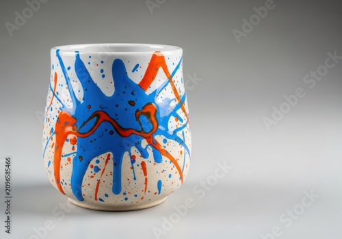 A handcrafted ceramic coffee mug featuring vibrant blue and orange paint splatters on a white glazed surface, set against a neutral background, paint, ink, kitchenware