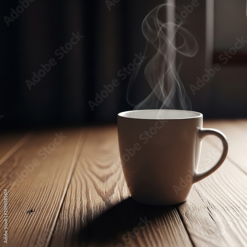 A minimalist white ceramic coffee mug sits elegantly on a rustic wooden surface with soft morning light and thin wisps of steam rising, background, bright, empty