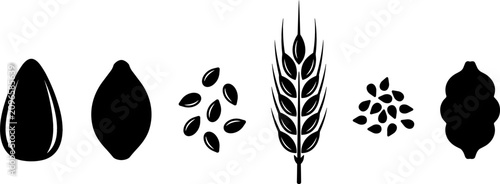 Foto Healthy Grains and Seeds Silhouette Icon Set with Wheat Ear, Sunflower Seed, Pum