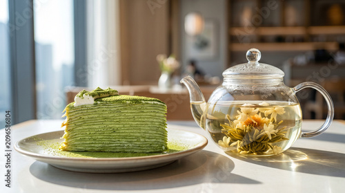 Delicate matcha green tea mille crepe cake elegantly served next to a clear glass teapot of blooming jasmine tea in an elite Asian fusion restaurant under soft sunlight.