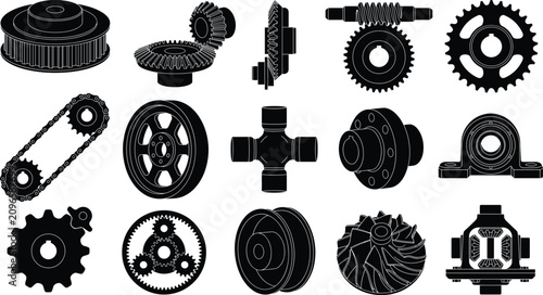 Quadro su tela Mechanical Power Transmission Components Silhouette Icons Set with Gears Bearing