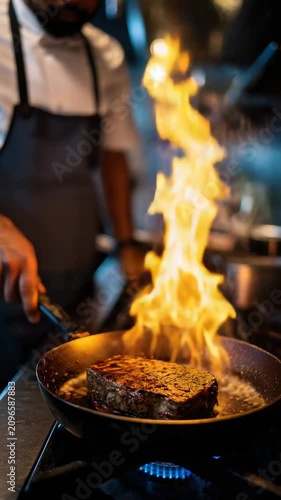 Cooking steak with flames in a busy restaurant kitchen during evening hours
