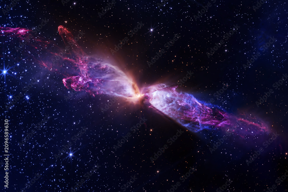 Fototapeta premium Vibrant cosmic nebula glows in deep space. Red and blue gases swirl amid countless stars. Elements of this image furnished by NASA