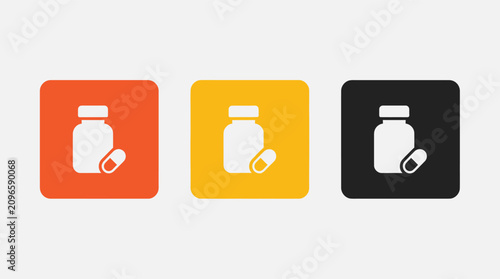 Medicine Icons Set, Pill Bottle and Capsule Healthcare Pharmacy Vector Graphics