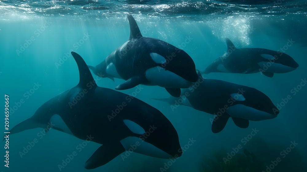 Obraz premium A group of orcas swims underwater in bright blue ocean water with sunlight filtering from above
