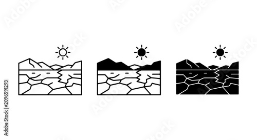 Schilderij op canvas Drought Icon Set, Arid Landscape Stages, Cracked Earth Sun Symbol, Dry Soil Weat