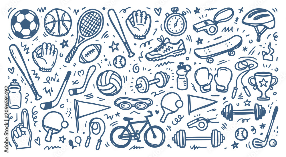 Fototapeta premium Hand drawn doodle icon set of sports equipment and fitness accessories featuring balls rackets and gym tools in a simple minimalist vector style