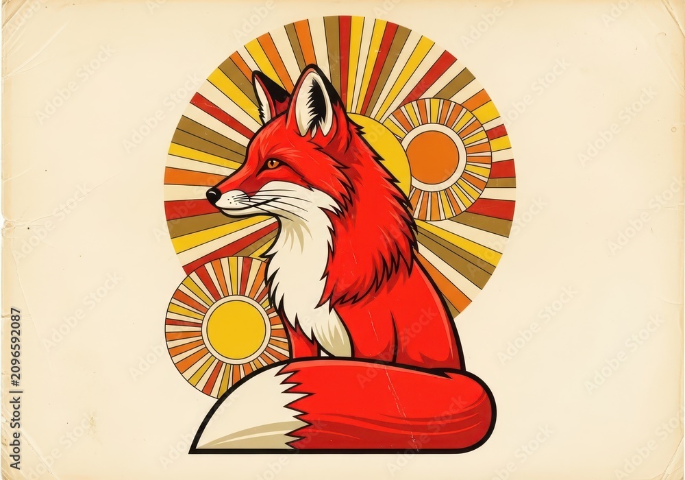 Fototapeta premium A stylized vintage illustration of a red fox featuring seventies style colors and geometric sun patterns on a distressed paper background, texture, fox, tail