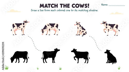 Children's educational matching game with black and white cows and calves Vector