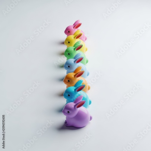 Several adorable small rabbits or figurines arranged precisely in a straight, orderly line, highlighting uniformity and spring celebration, wildlife, rabbit, miniature